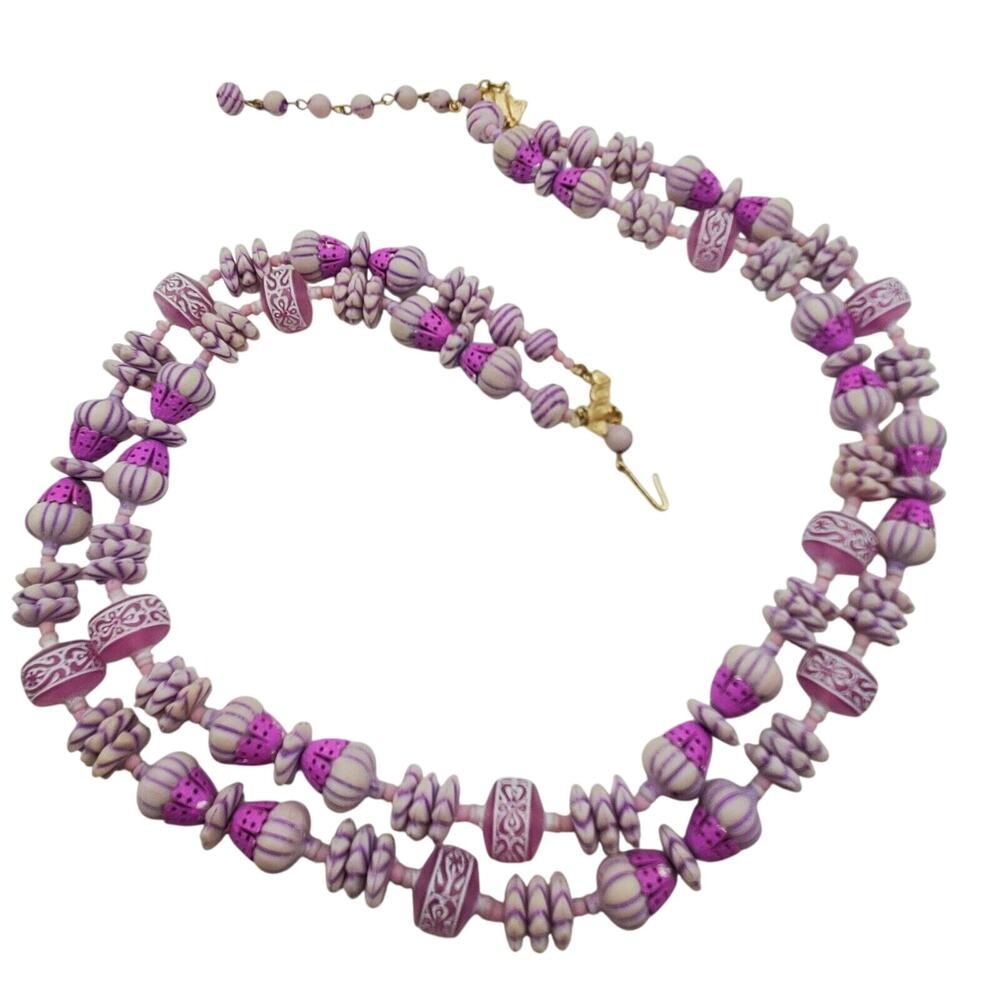 Hong Kong Purple Beaded Necklace White Acrylic Lucite Double Colorful Festival